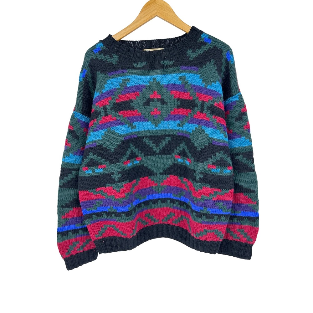 Vintage LL Bean Wool Sweater Womens XL 80s 90s Geometric Southwest Chunky Knit